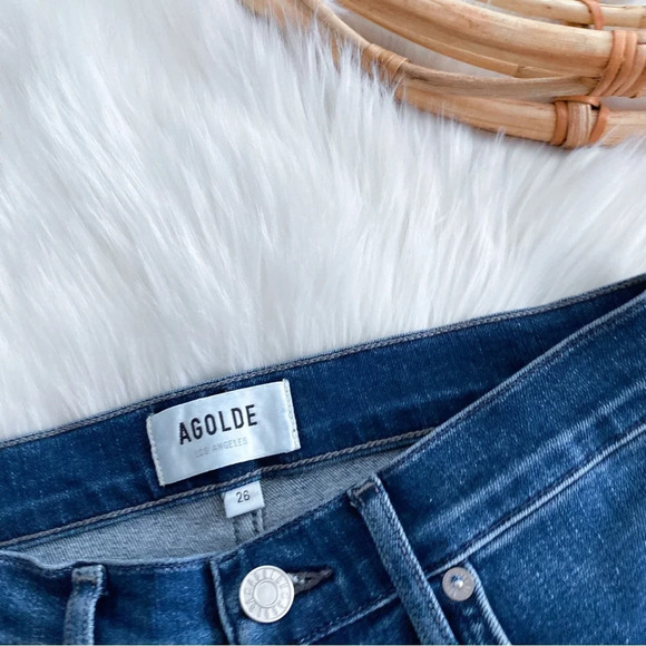 Agolde Sophie Skinny Jeans Raw Hem Distressed Dark Blue Fading Cut off 26 - Picture 6 of 13